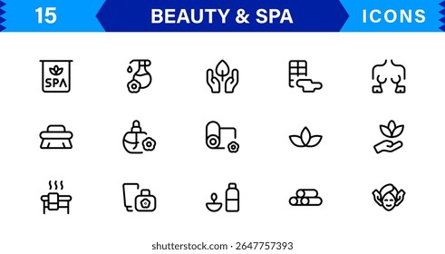 Beauty and Spa Icon Set Representing Wellness, Facial, Skin Care, Relaxation, and Beauty Treatments in a Clean, Professional, Minimalist Vector Design