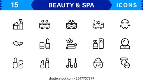 Beauty and Spa Icon Set Representing Wellness, Facial, Skin Care, Relaxation, and Beauty Treatments in a Clean, Professional, Minimalist Vector Design