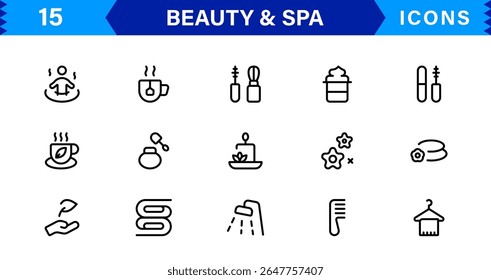 Beauty and Spa Icon Set Representing Wellness, Facial, Skin Care, Relaxation, and Beauty Treatments in a Clean, Professional, Minimalist Vector Design