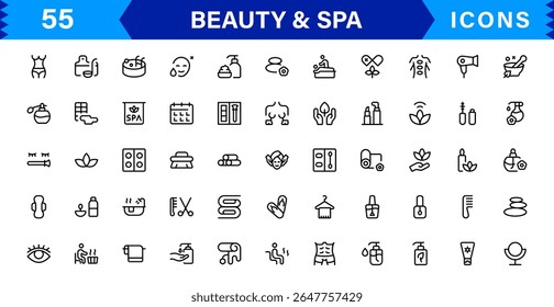 Beauty and Spa Icon Set Representing Wellness, Facial, Skin Care, Relaxation, and Beauty Treatments in a Clean, Professional, Minimalist Vector Design