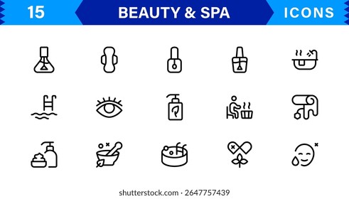 Beauty and Spa Icon Set Representing Wellness, Facial, Skin Care, Relaxation, and Beauty Treatments in a Clean, Professional, Minimalist Vector Design