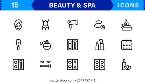 Beauty and Spa Icon Set Representing Wellness, Facial, Skin Care, Relaxation, and Beauty Treatments in a Clean, Professional, Minimalist Vector Design