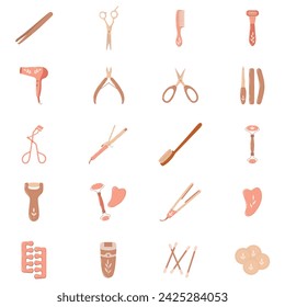 Beauty and Spa icon set. Beauty salon vector illustration. Self-care, Skincare, Health care clip art. Boho colors. Web icon pack. Instagram highlights icons. Cosmetic, anti-aging procedure, beauty