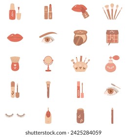 Beauty and Spa icon set. Beauty salon vector illustration. Self-care, Skincare, Health care clip art. Boho colors. Web icon pack. Instagram highlights icons. Cosmetic, anti-aging procedure, beauty