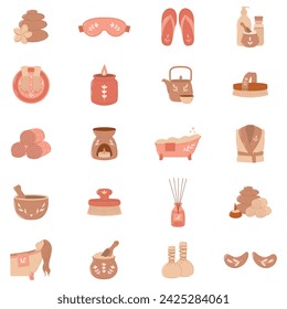 Beauty and Spa icon set. Beauty salon vector illustration. Self-care, Skincare, Health care clip art. Boho colors. Web icon pack. Instagram highlights icons. Cosmetic, anti-aging procedure, beauty