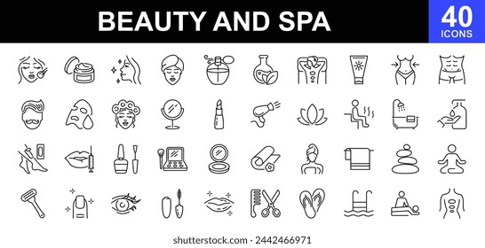 Beauty- und Spa-Icon-Set. Spa-Behandlungen. Kosmetische Dienstleistungen. Konzept einer gesunden Lebensweise, Gesichts- und Körperpflege, Erholung. Enthält solche Icons wie Massage, Sauna, Kosmetik, Hautpflege und mehr