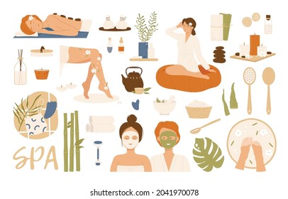 Juego de iconos de spa de belleza. Visitantes de Spa y concepto de terapia natural médica. Ilustración vectorial al estilo de las caricaturas. Aislado sobre fondo blanco.