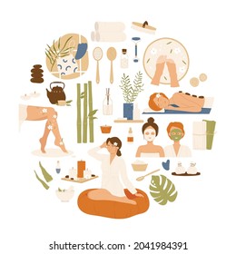 Beauty spa icon set. Spa visitors and medical natural therapy concept. Vector illustration in cartoon style. Isolated on white background.