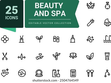 Beauty and Spa icon set of web and ui in line style. Cosmetics services Spa icons for web and mobile app. Editable stroke. Vector illustration.