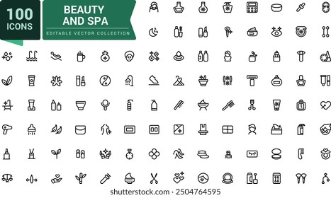 Beauty and Spa icon set of web and ui in line style. Cosmetics services Spa icons for web and mobile app. Editable stroke. Vector illustration.