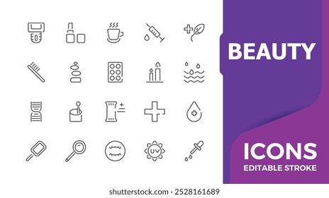 Beauty and spa icons in line style. Cosmetics care icon for web and mobile app. Skin care, massage, serum, cosmetology. Vector icon pack.