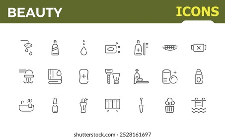 Beauty and spa icons in line style. Cosmetics care icon for web and mobile app. Skin care, massage, serum, cosmetology. Vector icon pack.