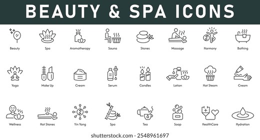 Beauty and Spa Icons vector illustration with thin line editable stroke contains stone bathing hydration healthcare soap tea yin yang wellness cream lotion make up yoga harmony aromatherapy