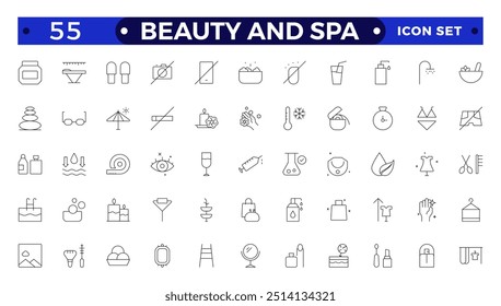 Beauty and Spa line icon set. Containing sauna, aromatherapy, treatment, yoga, skin care and wellness icons. Outline icons vector collection.
