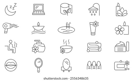Beauty and Spa line icon set. lifestyle, face, body care, recreation, massage, sauna, cosmetology, skin care, aromatherapy, treatment, yoga line icon set. Ui thin line icon pack.