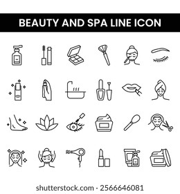 Beauty and spa line icon set featuring makeup, skincare, and salon tools. Includes cosmetics, hair styling, wellness elements and spa essentials. For beauty related designs, branding, and social media