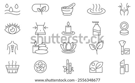 Beauty and Spa line icon set. lifestyle, face, body care, recreation, massage, sauna, cosmetology, skin care, aromatherapy, treatment, yoga line icon set. Ui thin line icon pack.