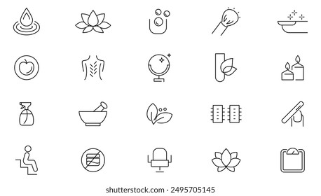 Beauty and spa line icons set. Massage, sauna, cosmetology, skincare, spa treatments, massage, hyaluronic acid, serum outline icon collection. Ui thin icons pack.