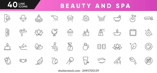 Beauty and spa line icons set. Massage, sauna, cosmetology, skincare, spa treatments, massage, hyaluronic acid, serum outline icon collection. Ui thin icons pack.