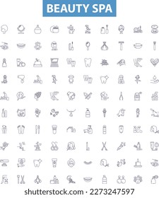 Beauty spa line icons, signs set. Beauty, Spa, Facials, Massage, Nail, Care, Manicure, Pedicure, Hair outline vector illustrations.