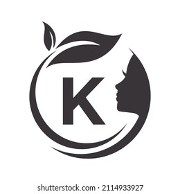 Beauty Spa Logo On Letter K Vector Template. K Letter Woman Beauty Hair Salon, Spa, Feminine, Beauty Care, Women Face, Elegance Sign