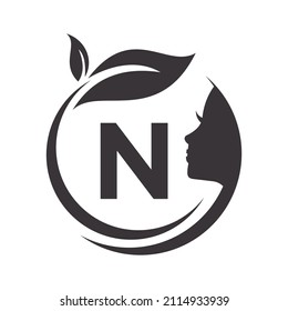 Beauty Spa Logo On Letter N Vector Template. N Letter Woman Beauty Hair Salon, Spa, Feminine, Beauty Care, Women Face, Elegance Sign