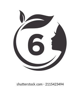 Beauty Spa Logo On Letter 6 Vector Template. 6 Letter Woman Beauty Hair Salon, Spa, Feminine, Beauty Care, Women Face, Elegance Sign