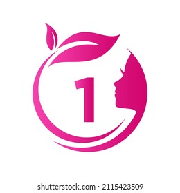 Beauty Spa Logo On Letter 1 Vector Template. 1 Letter Woman Beauty Hair Salon, Spa, Feminine, Beauty Care, Women Face, Elegance Sign