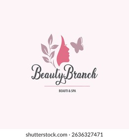 Beauty and spa logo with woman silhouette leaves and butterfly elegant feminine branding design