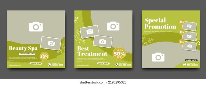 Beauty Spa And Massage Social Media Post Template Design Collection. Green Background Color With Leaf Decoration. Usable For Social Media Post And Web Ads