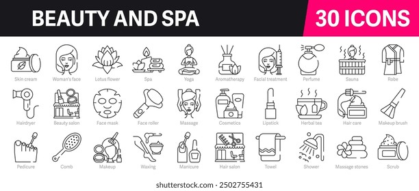 Beauty and Spa Outline Vector Icon Collection. A set of outline icons related to cosmetics, cosmetology, skin care, spa treatments, massage, skin care and more. Editable stroke. Vector illustration