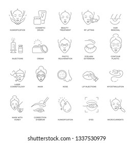 Beauty and spa procedure cosmetology isolated outline icons vector humidification and cosmetic drugs skin treatment and lifting hair removal and injection cream and rejuvenation eyelash extension