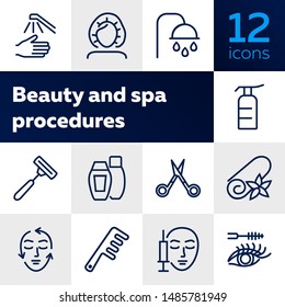 Beauty and spa procedures icons. Set of line icons on white background. Towel, face, syringe. Beauty salon concept. Vector illustration can be used for topics like spa, service, salon
