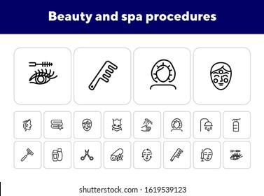 Beauty and spa procedures icons. Set of line icons on white background. Towel, face, syringe. Beauty salon concept. Vector illustration can be used for topics like spa, service, salon