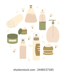 Beauty spa products circle emblem. Cleansing and moisturizing face skincare round composition. Serum and cream for spa. Skin, body cosmetics bottles, containers and tubes. Flat vector illustration.