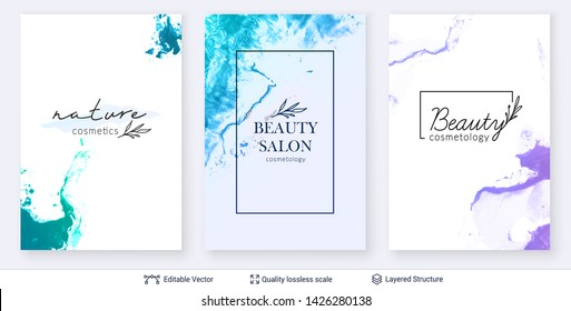 Beauty SPA room or salon cosmetologist logo design. Marble texture and text. Set of editable vector background templates.