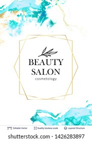 Beauty SPA room or salon cosmetologist logo design. Marble texture and text. Editable vector background template.