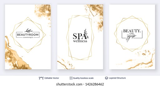 Beauty SPA room or salon cosmetologist logo design. Marble texture and text. Set of editable vector background templates.