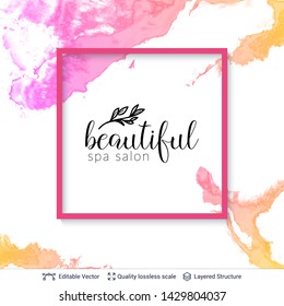 Beauty SPA room or salon cosmetologist logo design. Marble texture and text. Editable vector background template.