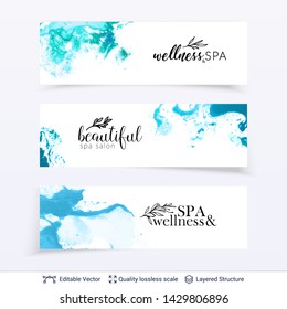 Beauty SPA room or salon cosmetologist logo design. Marble texture and text. Set of editable vector background templates.