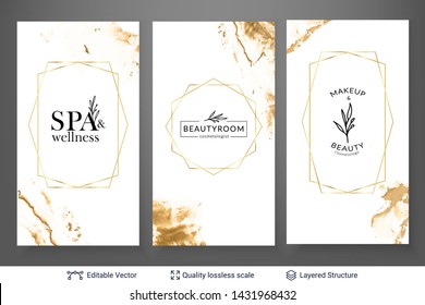 Beauty SPA room or salon cosmetologist logo design. Marble texture and text. Set of editable vector background templates.