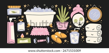 Women’s beauty and spa routine in retro cartoon style. Bathtub, cosmetics, face mask, slippers, towels, candles and plants. Doodle wellness illustration for female self care, relaxation and skincare. 