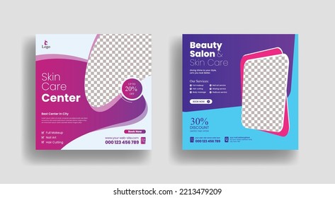 Salón de belleza y spa publicación en medios sociales banner anuncio y el sitio web del Centro de atención de la piel anuncios publicitarios diseño adecuado para maquillaje Publicación en medios sociales Banner Square Flyer Template Design