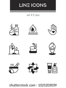 Beauty spa - set of line design style icons isolated on white background. High quality images. Aromatherapy, massage, candles, stone therapy, facial mask, flower, cream, lotion, cup with a pestle