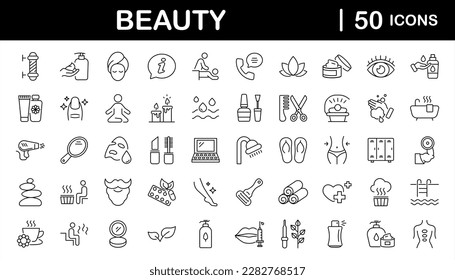 Beauty and Spa set of web icons in line style. Cosmetics services Spa icons for web and mobile app. Spa treatments, skin care, massage, hyaluronic acid, serum, anti ageing, pore tighten, cosmetology