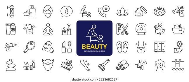 Beauty und Spa Set von Web-Icons in Linie Stil. Kosmetikdienstleistungen, Spa-Icons für Web- und mobile App. Spa-Behandlungen, Hautpflege, Massage, Hyaluronsäure, Serum, Anti-Aging, Porenanziehen, Kosmetologie