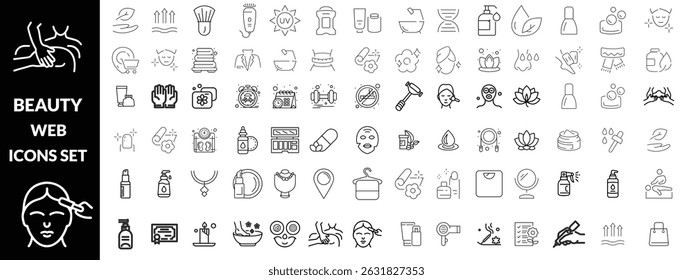 Beauty and Spa set of web icons in line style Cosmetics services and Spa icons for web and mobile app Spa treatments skin care massage  hyaluronic acid  serum anti ageing icon design 