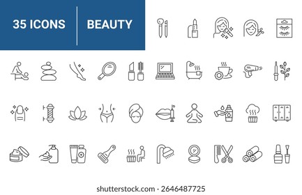Beleza e Spa conjunto de ícones da web em estilo de linha. Serviços de cosméticos e ícones de Spa para aplicações Web e móveis. Tratamentos de Spa, cuidados com a pele, massagem, ácido hialurônico, soro, anti envelhecimento, poro apertar.