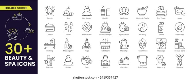 Beauty and Spa Stroke icon set. Containing sauna, aromatherapy, treatment, yoga, skin care and wellness icons. Outline Editable stroke icons collection.