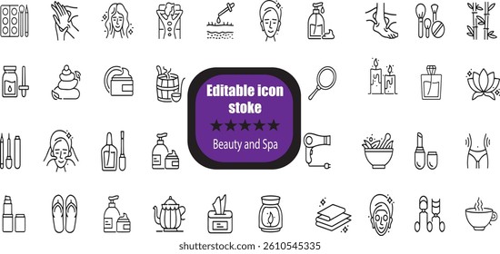 Beauty and Spa Stroke icon set. Containing sauna, aromatherapy, treatment, yoga, skin care and wellness icons. Outline Editable stroke icons collection